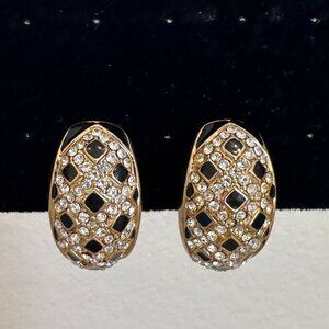1980s Vintage Black and Gold Rhinestone Clip Earrings